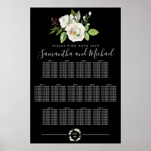 White Rose Floral on Black 13-Table Seating Chart Poster (Voorkant)