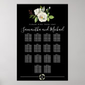 White Rose Floral on Black 14-Table Seating Chart Poster (Voorkant)
