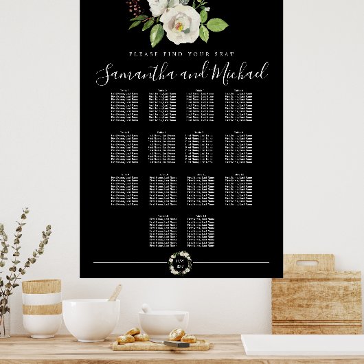 White Rose Floral on Black 14-Table Seating Chart Poster (Keuken)
