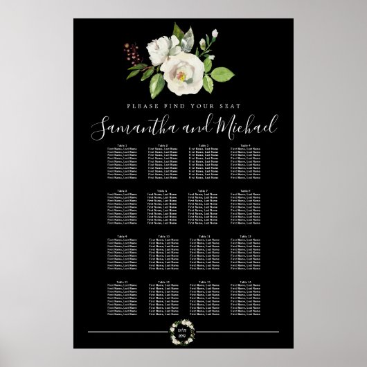 White Rose Floral on Black 16-Table Seating Chart Poster (Voorkant)