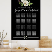 White Rose Floral on Black 16-Table Seating Chart Poster (Keuken)