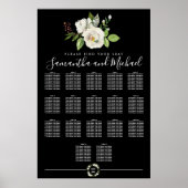 White Rose Floral on Black 17-Table Seating Chart Poster (Voorkant)