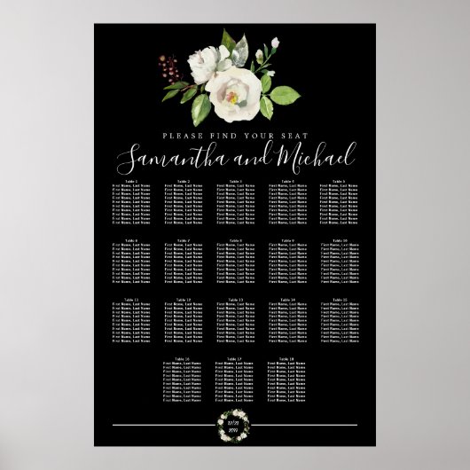 White Rose Floral on Black 18-Table Seating Chart Poster (Voorkant)