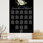 White Rose Floral on Black 18-Table Seating Chart Poster (Keuken)