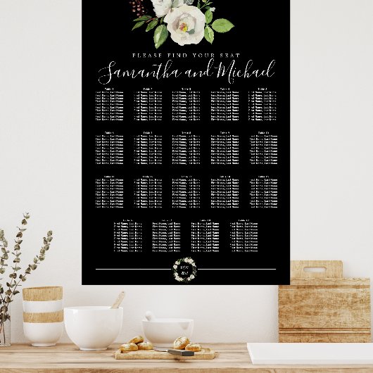 White Rose Floral on Black 19-Table Seating Chart Poster (Keuken)