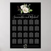 White Rose Floral on Black 20-Table Seating Chart Poster (Voorkant)