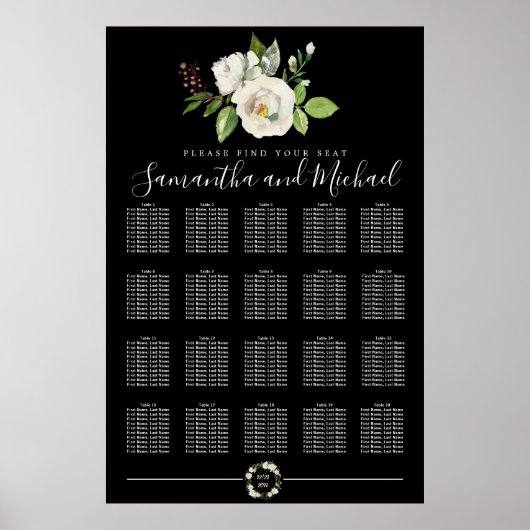 White Rose Floral on Black 20-Table Seating Chart Poster (Voorkant)