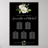 White Rose Floral on Black 5 Table Seating Chart Poster (Voorkant)