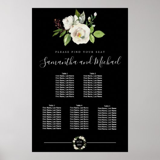 White Rose Floral on Black 5 Table Seating Chart Poster (Voorkant)