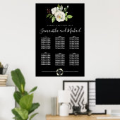 White Rose Floral on Black 6 Table Seating Chart Poster (Thuiskantoor)