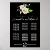 White Rose Floral on Black 6 Table Seating Chart Poster (Voorkant)