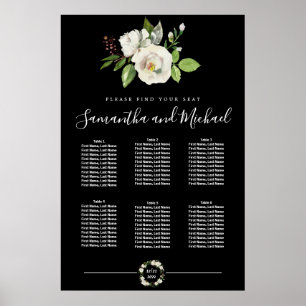 White Rose Floral on Black 6 Table Seating Chart Poster