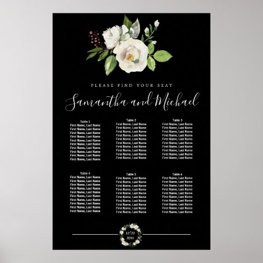 White Rose Floral on Black 6 Table Seating Chart Poster (Voorkant)