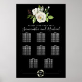 White Rose Floral on Black 8 Table Seating Chart Poster (Voorkant)