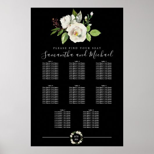 White Rose Floral on Black 8 Table Seating Chart Poster (Voorkant)