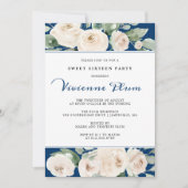 White Rose Floral on Navy Blue Sweet Sixteen Party Kaart (Voorkant)