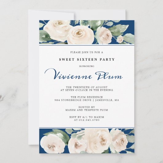White Rose Floral on Navy Blue Sweet Sixteen Party Kaart (Voorkant)