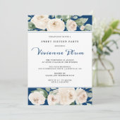 White Rose Floral on Navy Blue Sweet Sixteen Party Kaart (Staand voorkant)