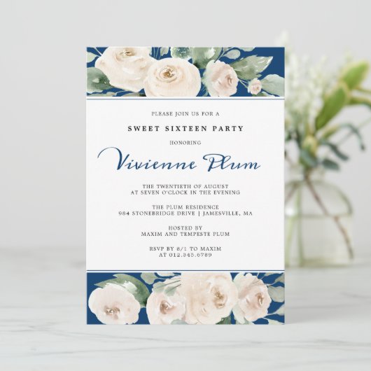 White Rose Floral on Navy Blue Sweet Sixteen Party Kaart (Staand voorkant)
