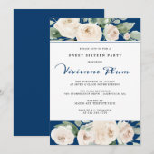 White Rose Floral on Navy Blue Sweet Sixteen Party Kaart (Voorkant / Achterkant)