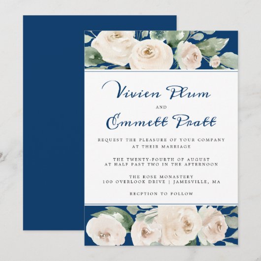White Rose Floral on Navy Blue Wedding Kaart (Voorkant / Achterkant)
