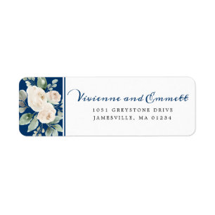 White Rose Floral op Navy Retouradres Etiket