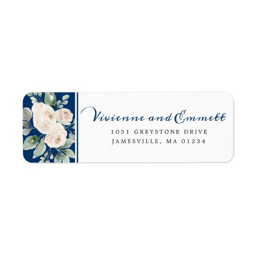 White Rose Floral op Navy Retouradres Etiket (Voorkant)