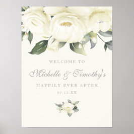 White Rose Floral Wedding Sign Poster