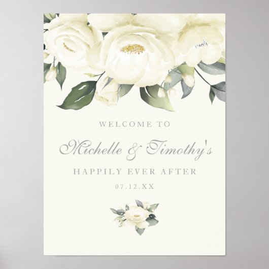 White Rose Floral Wedding Sign Poster (Voorkant)