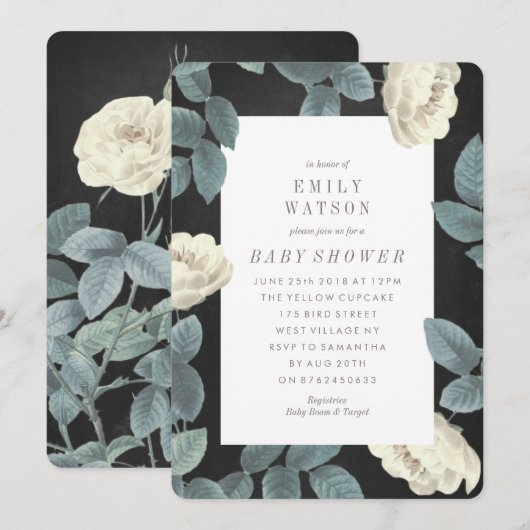 White Rose Flower Chalkboard Baby shower Invite Kaart (Voorkant / Achterkant)