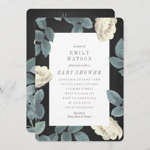 White Rose Flower Chalkboard Baby shower Invite Kaart