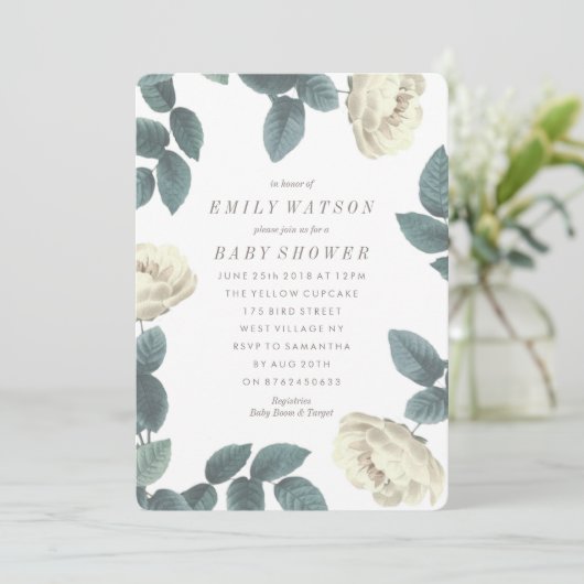 White Rose Flower Lijst Baby shower Invitation Kaart (Staand voorkant)