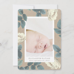 White Rose Flower Photo Card Geboortedatum bekendm Aankondiging