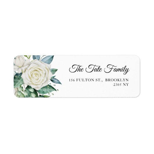 White Rose Flowers Eucalyptus Baptism Address Etiket (Voorkant)