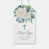 White Rose Flowers Eucalyptus Baptisme Cadeaulabel (Voorkant)