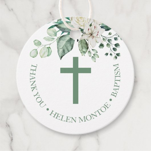 White Rose Flowers Eucalyptus Baptisme Hartelijk d Bedankjes Labels (Voorkant)