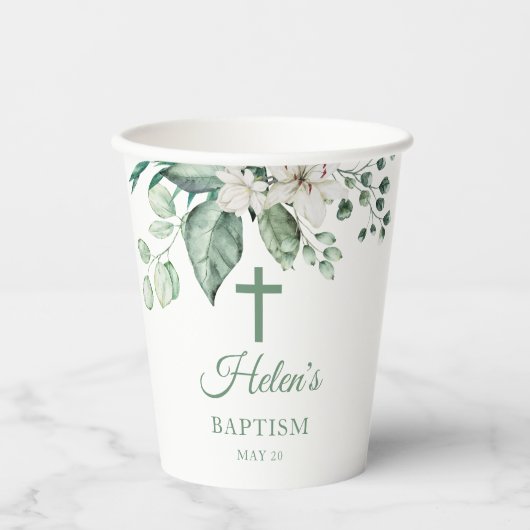 White Rose Flowers Eucalyptus Baptisme Papieren Bekers (Voorkant)