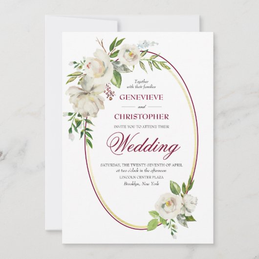 White Rose Formal Burgundy Floral Wedding Kaart (Voorkant)