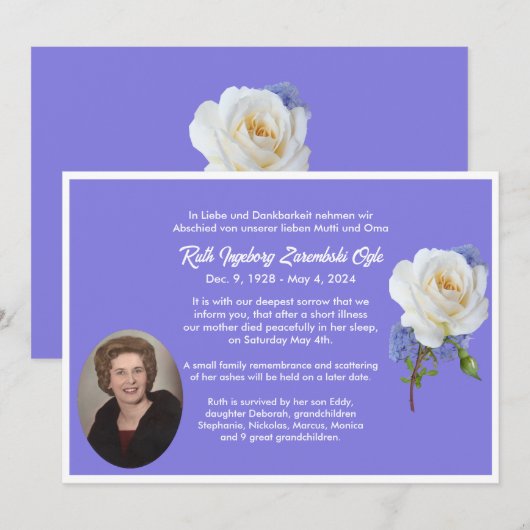 White Rose Foto Stijl Dood Aankondiging Kaart (Voorkant / Achterkant)