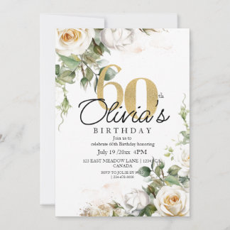 White Rose  & Gold  Dusty Elegant 60th Birthday Kaart
