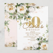 White Rose Gold Elegant Floral 50th Birthday Kaart (Voorkant / Achterkant)