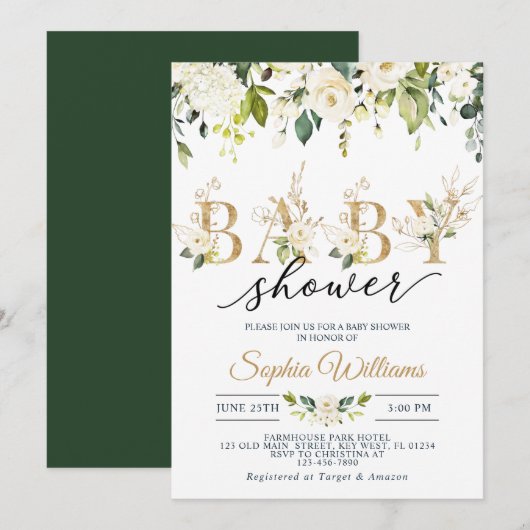 White Rose & Gold Eucalyptus Baby shower Kaart (Voorkant / Achterkant)