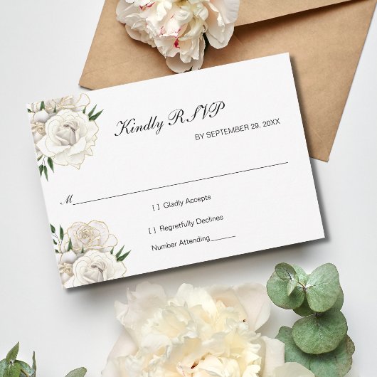 White Rose Gold Floral Formal Elegant Wedding RSVP Kaartje