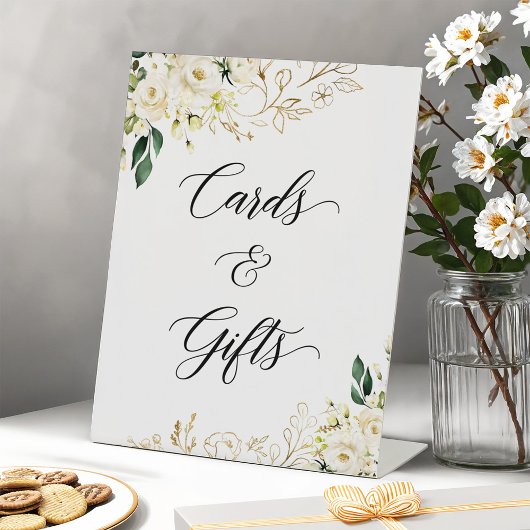 White Rose Gold Floral Kaarten and Gifts Table Sig Reclamebord Met Voetstuk