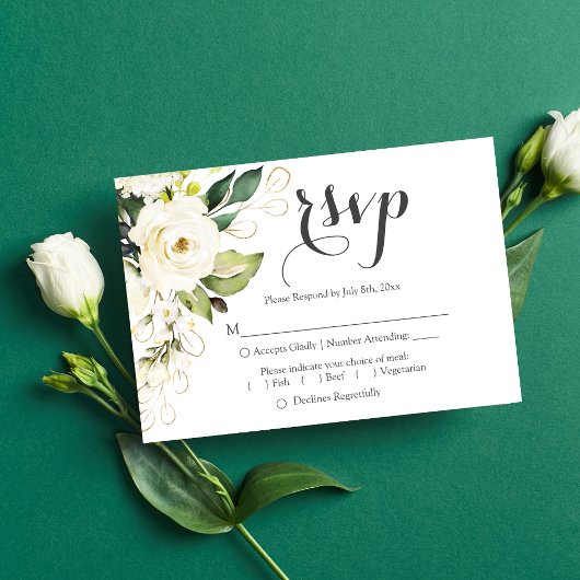 White Rose Gold Floral Wedding RSVP Reply Kaart