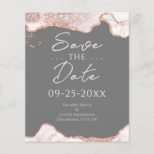 White Rose Gold Glitter Agate Save the Date (Voorkant)