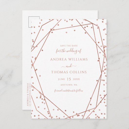 White Rose Gold Glitter Geometric Save the Date Aankondigingskaart (Voorkant / Achterkant)