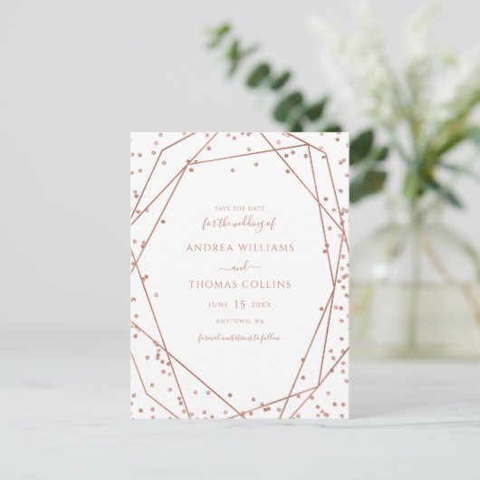 White Rose Gold Glitter Geometric Save the Date Aankondigingskaart (Staand voorkant)