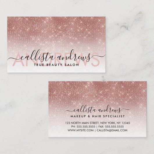 White Rose Gold Glitter Ombre Make-up Hair Salon Visitekaartje (Voorkant / Achterkant)