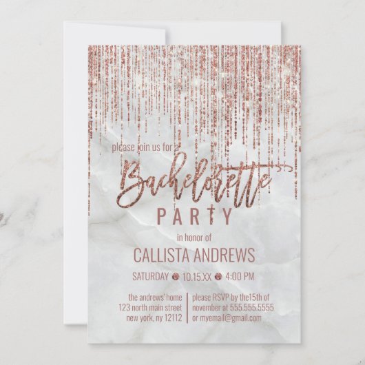 White Rose Gold Glitter Pearl Marble Bachelorette Kaart (Voorkant)
